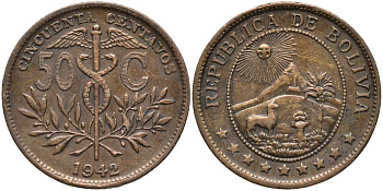 Боливия 50 сентаво 1942 кадуцей, лама, горы, солнце KM 182а.1 бронза 113-736