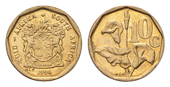 ЮАР 10 центов 1994 герб, цветок алоэ KM 135 сталь плакированная бронзой UNC 4694-666