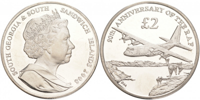 Южная Георгия и Южные Сандвичевы Острова 2 фунта 2008 90 лет ВВС Великобритании, самолет KM 49 медно-никель UNC M26-18