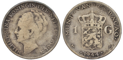 Нидерландское Кюрасао 1 гульден 1944 D, Вильгельмина (1890-1948) KM 45 серебро 36-546