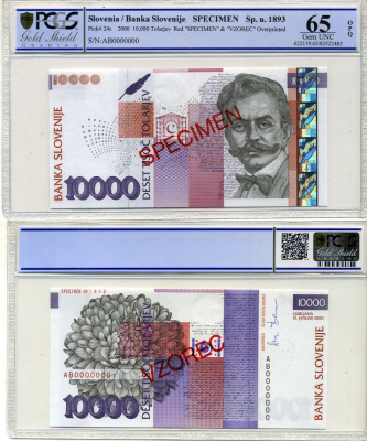 Словения 10000 толаров 2000 Иван Цанкар (1876-1918), Specimen, образец, в слабе PCGS 65 Gem UNC Pick 24s бумага UNC (пресс) 452-1-36