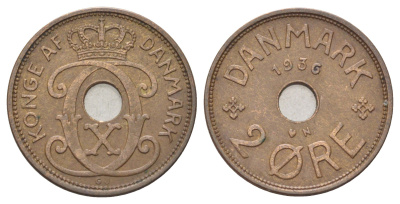 Дания 2 эре 1936 N, Кристиан X (1912-1947) KM 827 бронза 4701-825