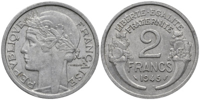 Франция 2 франка 1945 KM 886a алюминий 4577-732