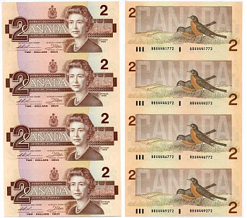 Канада 2 доллара, неразрезанный лист из 4 бон 1986 Елизавета II, здание Парламента, подпись Thiessen-Crow бумага аUNC 5547-20-1