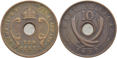 Британская Восточная Африка 10 центов 1937 H, Георг VI (1936-1952) KM 26.1 бронза 3333-1134