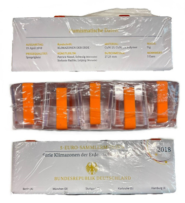 ФРГ 5 евро 2018 A, D, F, G, J субтропическая зона земли, полный комплект монетных дворов, в оригинальной упаковке KM 370 биметалл  PROOF  1-3-1-06