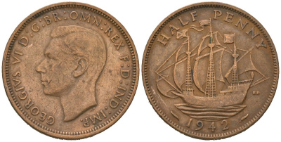 Великобритания 1/2 пенни 1942 Георг VI (1936-1952) KM 844, Spink 4115 бронза 4619-615