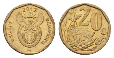 ЮАР 20 центов 2012 герб, цветок протея KM 466 сталь плакированная бронзой UNC 4687-649