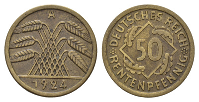 Германия 50 рентенпфеннигов 1924 A J. 310, KM 34 алюминиевая бронза 4619-1055