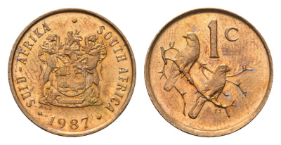 ЮАР 1 цент 1987 герб, капские воробьи KM 82 бронза UNC 4690-1245