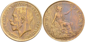 Великобритания 1 пенни 1920 Георг V (1910-1936) KM 810, Spink 4051 бронза 180-116