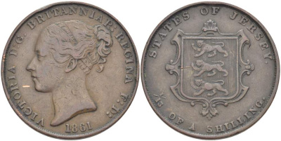 Джерси 1/13 шиллинга 1861 Виктория (1837-1901), большой формат KM 3 медь 4517-1014