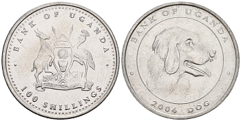 Уганда 100 шиллингов 2004 серия лунный календарь, год собаки KM 139 сталь UNC M57-19