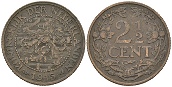 Нидерланды 2 1/2 цента 1915 Вильгельмина (1890-1948) KM 150 бронза 4582-1222