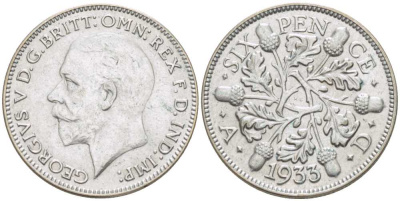 Великобритания 6 пенсов 1933 Георг V (1910-1936) KM 832, Spink 4041 серебро 72-1148