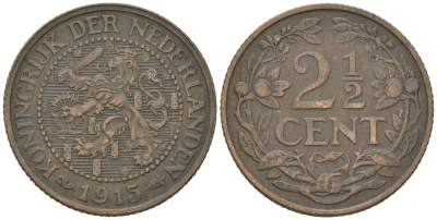 Нидерланды 2 1/2 цента 1915 Вильгельмина (1890-1948) KM 150 бронза 4582-1222