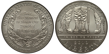 США 1 доллар 2010 W, американские ветераны-инвалиды KM 479 серебро UNC 1078-9-34
