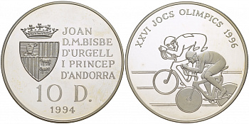 Андорра 10 динеров 1994 XXVI Олимпийские игры 1996 года велоспорт KM 95 серебро PROOF 11-174-35