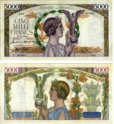 Франция 5000 франков 1942 8 октября 1942  Pick 97 с бумага  8607-96-1