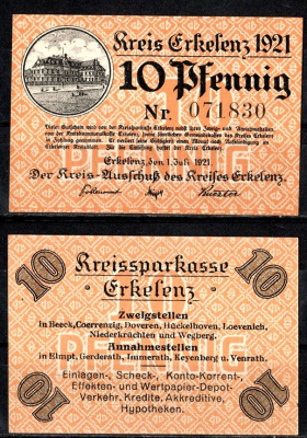 Эркеленц (Пруссия, Рейн) 10 пфеннигов 1921 Mehl Grabowski E24.12 бумага UNC (пресс) 7555-58-1-2