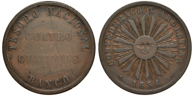 Аргентина 4 сентаво 1854 Аргентинская конфедерация KM 255 медь 272-815
