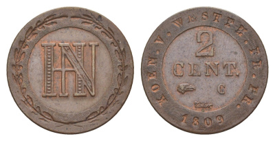 Вестфалия 2 сантима 1809 C, Жером Бонапарт (1807-1813), из коллекции Ричарда Б. Смита Smith 296, KM 90, ASK 42 медь 1525-1112