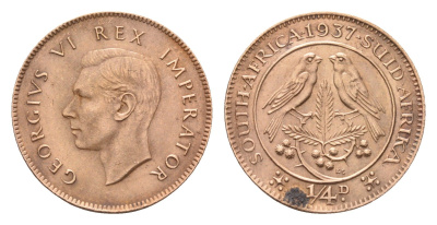 ЮАР 1/4 пенни (фартинг) 1937 Георг VI (1937-1952), тираж 38.000 экземпляров KM 23 бронза 4127-1542