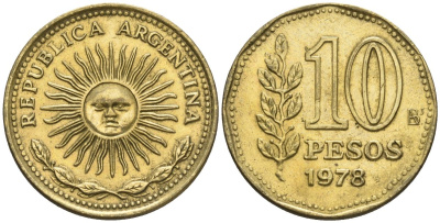 Аргентина 10 песо 1978 Ba, майское солнце KM 72, CJ 321, Schon 72 алюминиевая бронза    60-517