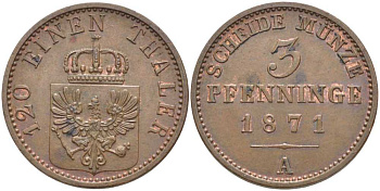 ПРУССИЯ 3 ПФЕННИГА 1871 А, ВИЛЬГЕЛЬМ I (1861-1888) KM 482 медь 117-1125