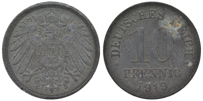 Германия 10 пфеннигов 1919 KM 26, J. 299, Weege 8 цинк 4119-412