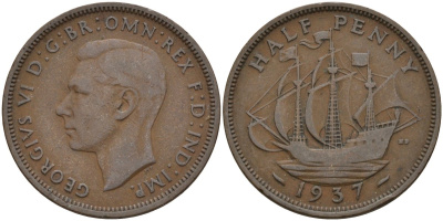 Великобритания 1/2 пенни 1937 Георг VI (1936-1952) KM 844, Spink 4115 бронза 4146-214