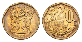 ЮАР 20 центов 1997 герб, цветок протея KM 162 сталь плакированная латунью UNC 4694-863