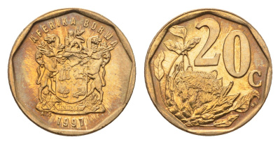 ЮАР 20 центов 1997 герб, цветок протея KM 162 сталь плакированная латунью UNC 4694-863