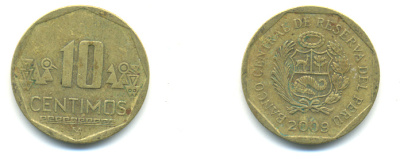 ПЕРУ 10 СЕНТИМО 2009 LIMA KM 305.4 латунь 176-411