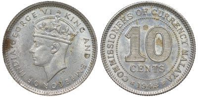 Британская Малайя 10 центов 1943 Георг VI (1937-1952) KM 4a серебро 53-228