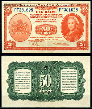 Нидерландская Индия 50 центов 1943 Вильгельмина I (1890-1948) Pick 110 a бумага 7218-3-3-1