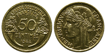 Французская Западная Африка 50 сантимов 1944 редкая KM 1, Lec 1 алюминиевая бронза aUNC 4381-932