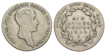 Пруссия 1 рейхсталер 1814 A, Фридрих Вильгельм III (1797-1840) KM 387, Daveenport 756, AKS 11 серебро 1523-831