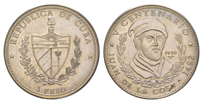 Куба 1 песо 1990 500 лет открытию Америки. Хуан де ла Коса KM 309 медно-никель BU 413-834