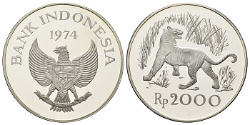 Индонезия 2000 рупий 1974 Яванский тигр KM 39a серебро PROOF 11-080-23