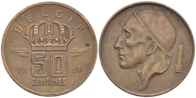 БЕЛЬГИЯ 50 САНТИМОВ 1953 BELGIE, БОДУЭН I (1951-1993) KM 145 бронза 116-965