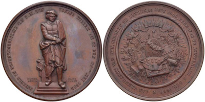Бельгия медаль 1852 Рембрандт родился 15 июля 1606 года в Лейден, скончался 4 октября 1669 в Амстердаме, памятник Луи Руайе, в присутствии короля Виллема III 27 мая 1852 года Dirks. 728, Weiss BW151 бронза 10-003-20