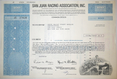 США, SAN JUAN RACING ASSOCIATION, INC. 100 акций 1980 бумага 8805-34-1