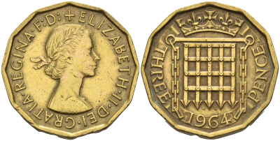 Великобритания 3 пенса 1964 Елизавета II (1952-2022) KM 900, Spink 4153 никель латунь 4589-825