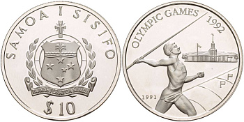Самоа 10 тала 1991 XXV Олимпийские игры в Барселоне 1992 года, метание копья KM 85 серебро PROOF 1081-8-32