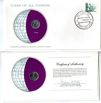 Бразилия 1 сентаво 1969 конверт с маркой первого дня гашения, Coins of Nations KM 575.2 нержавеющая сталь UNC 4295-20-3