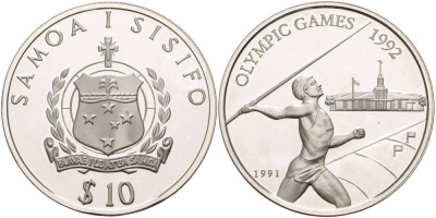 Самоа 10 тала 1991 XXV Олимпийские игры в Барселоне 1992 года, метание копья KM 85 серебро PROOF 1081-8-32