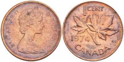 Канада 1 цент 1974 Елизавета II (1952-2022), кленовый лист KM 59.1 бронза 105-1169