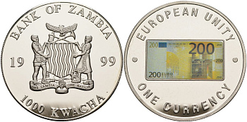 Замбия 1000 квача 1999 серия европейский союз - одна валюта, 200 евро аверс, серебрение KM 130 медь никель цинк 1098-3-53