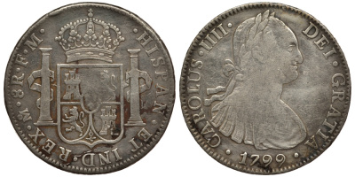 Мексика 8 реалов 1799 FM, монетный двор Mo (Мехико Сити), Карл IV Испанский (1788-1808) KM 109 серебро 11-273-22